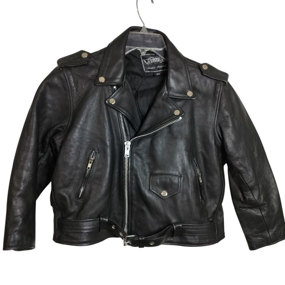 4368)UNIK Leather Apparel Black Leather Motorcycle Biker Jacket Unisex Sz 24(S?)
